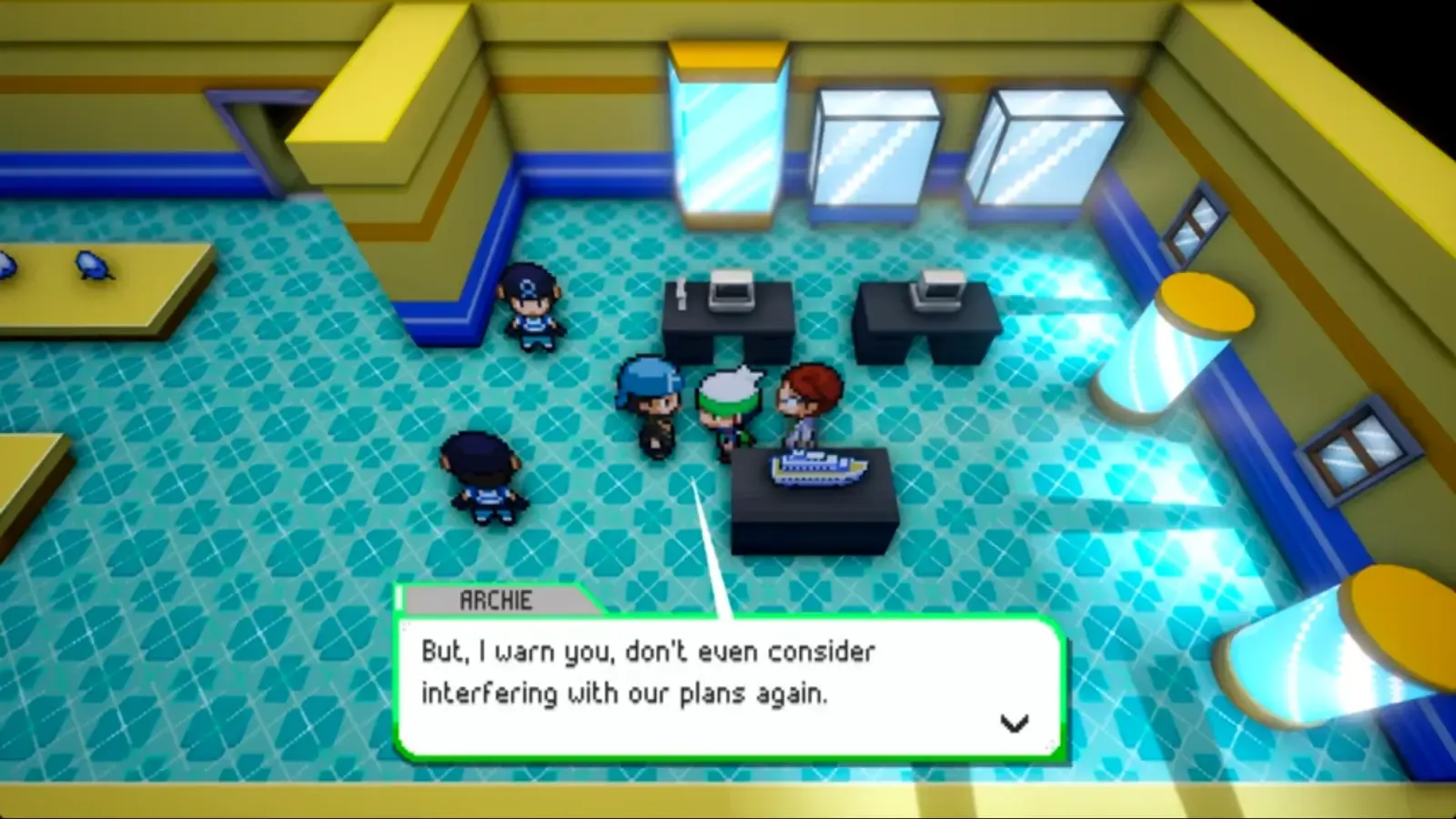 Archie warning the player inside the Oceanic Museum after the Aqua battles