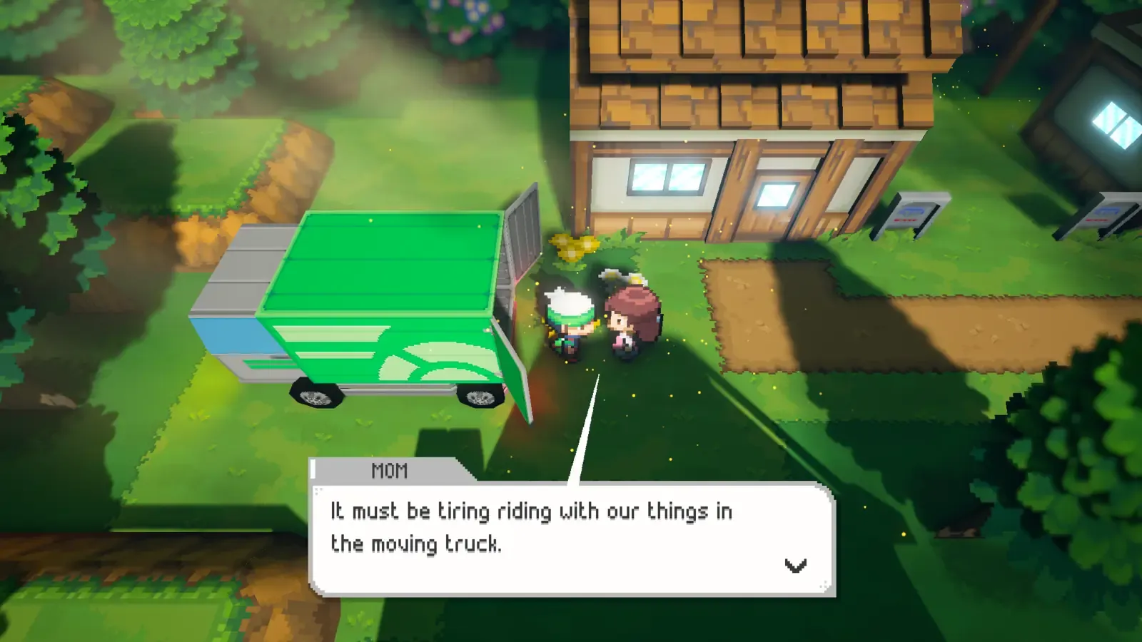 Player and their mother standing beside the moving truck outside their new Littleroot home