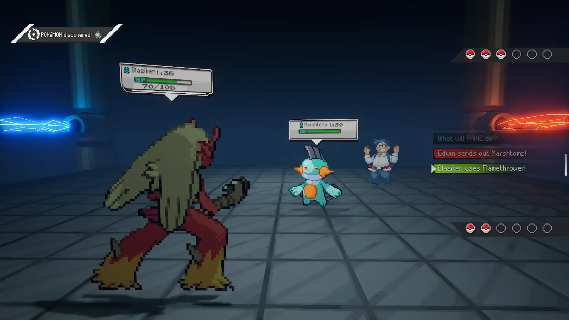 A Pokemon battle in a detailed outdoor arena in Pokemon Gamma Emerald