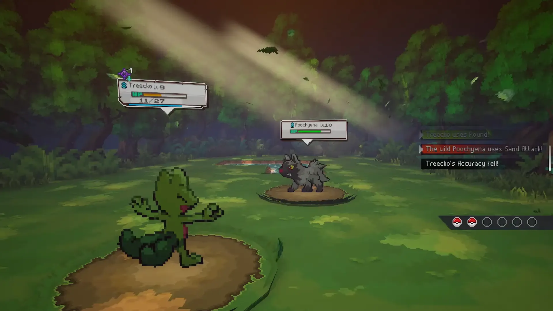 Treecko battling Poochyena in a sunlit forest in Pokemon Gamma Emerald