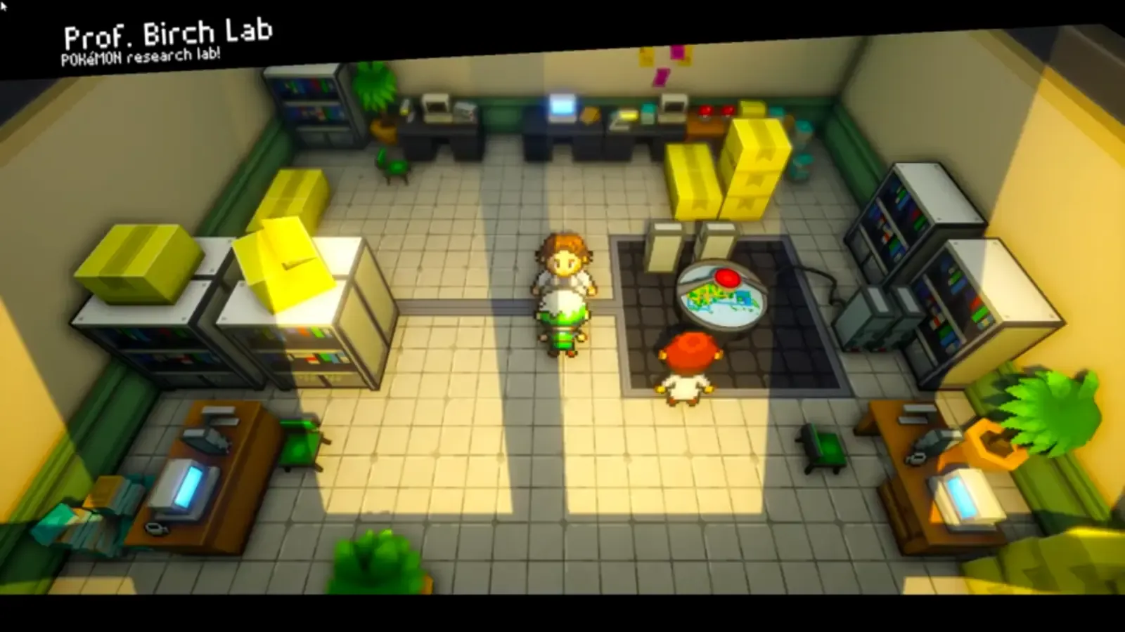 Professor Birch speaking with the player and rival inside his Littleroot laboratory