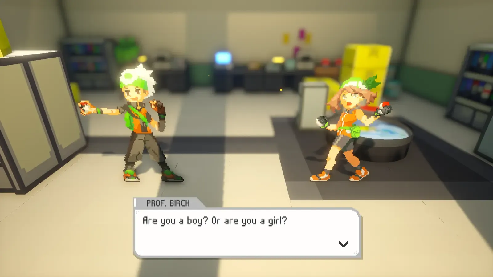 Boy and girl character choices shown during Professor Birch’s opening questions