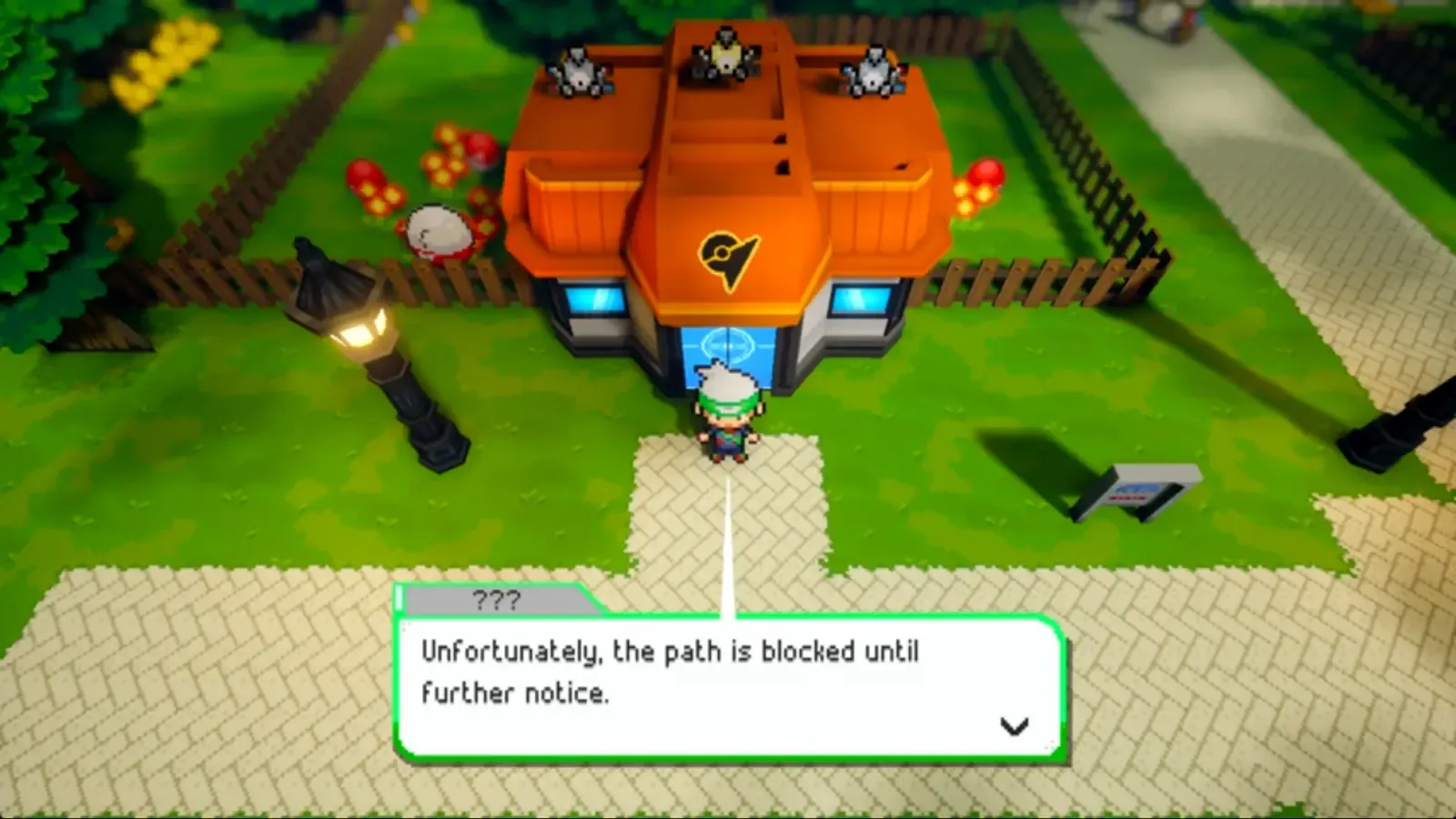 NPC message outside Mauville Gym stating that the path is blocked until further notice