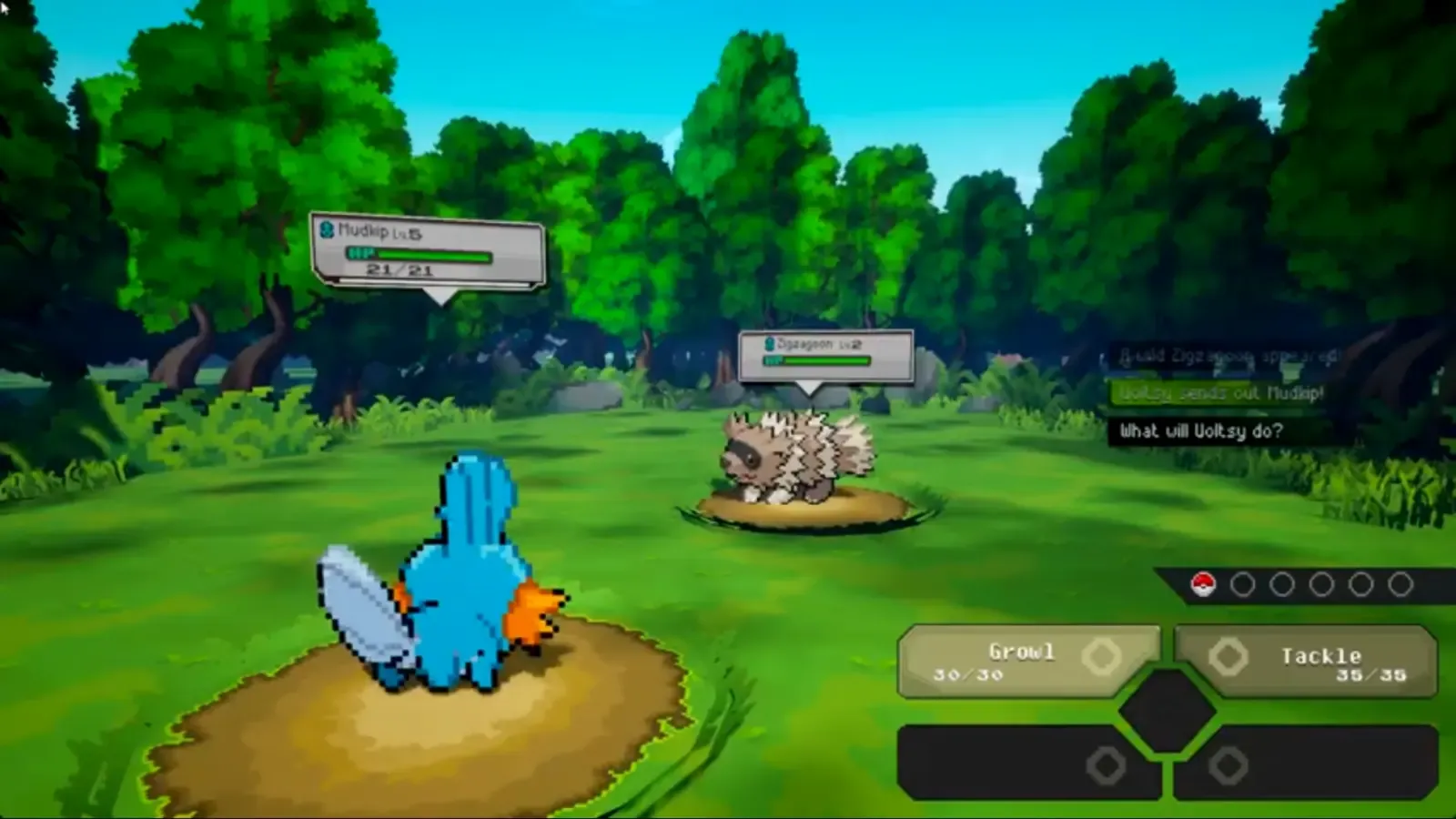 Mudkip facing a wild Poochyena during the first Route 101 battle
