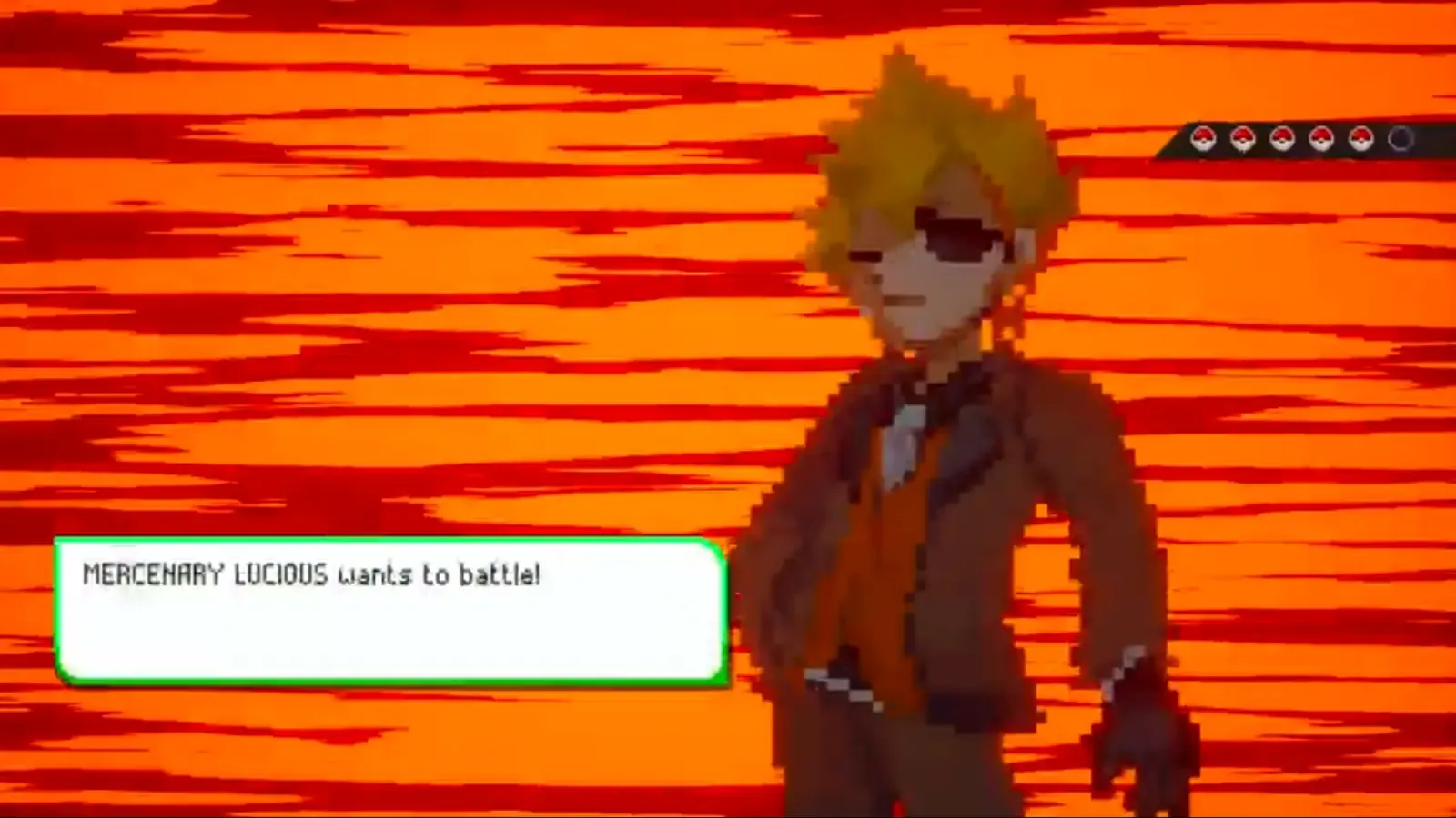Battle introduction screen for Mercenary Lucious at the Slateport waterfront