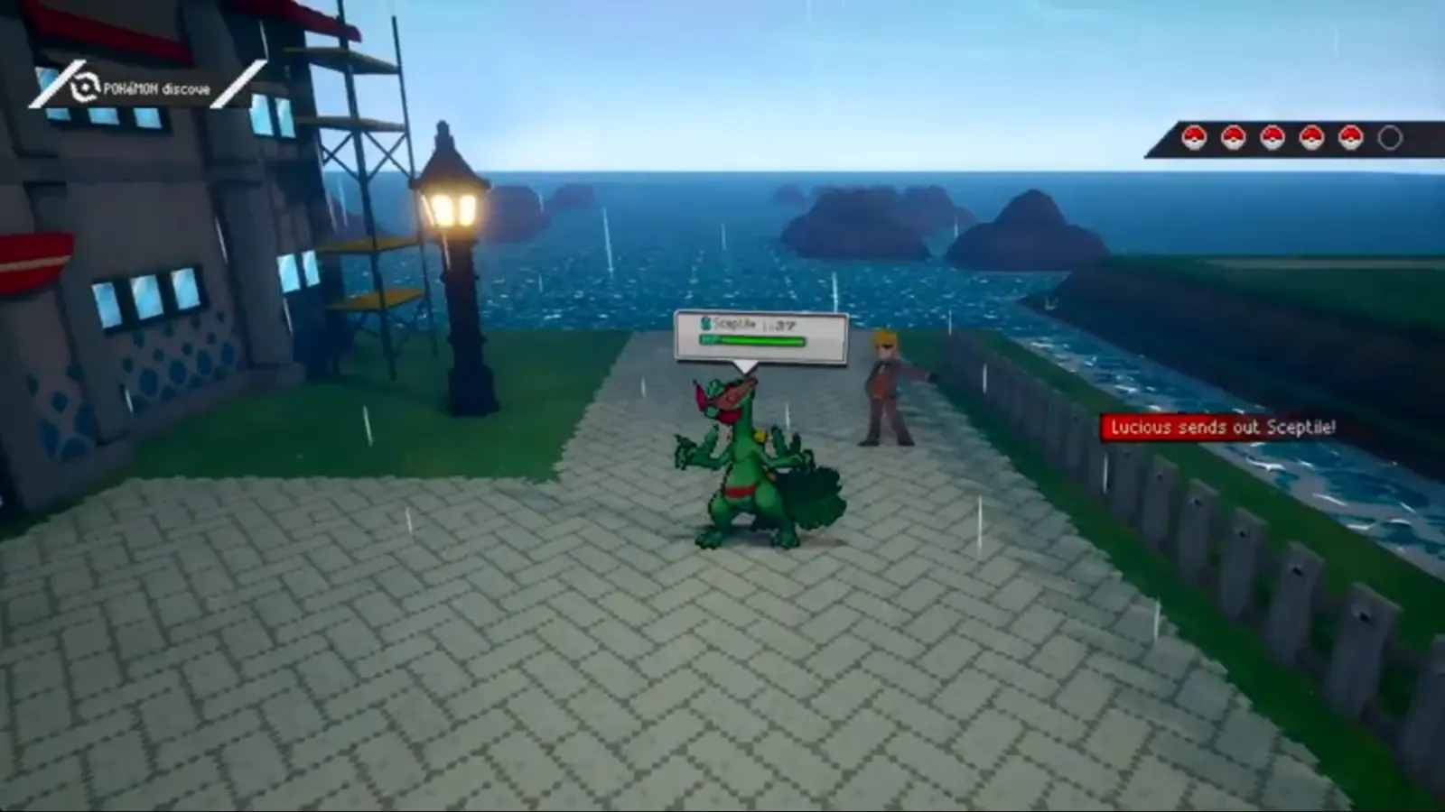 Lucious sending out a level 37 Sceptile at the Slateport waterfront