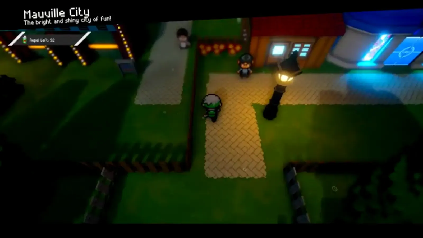 Player arriving in Mauville City at night