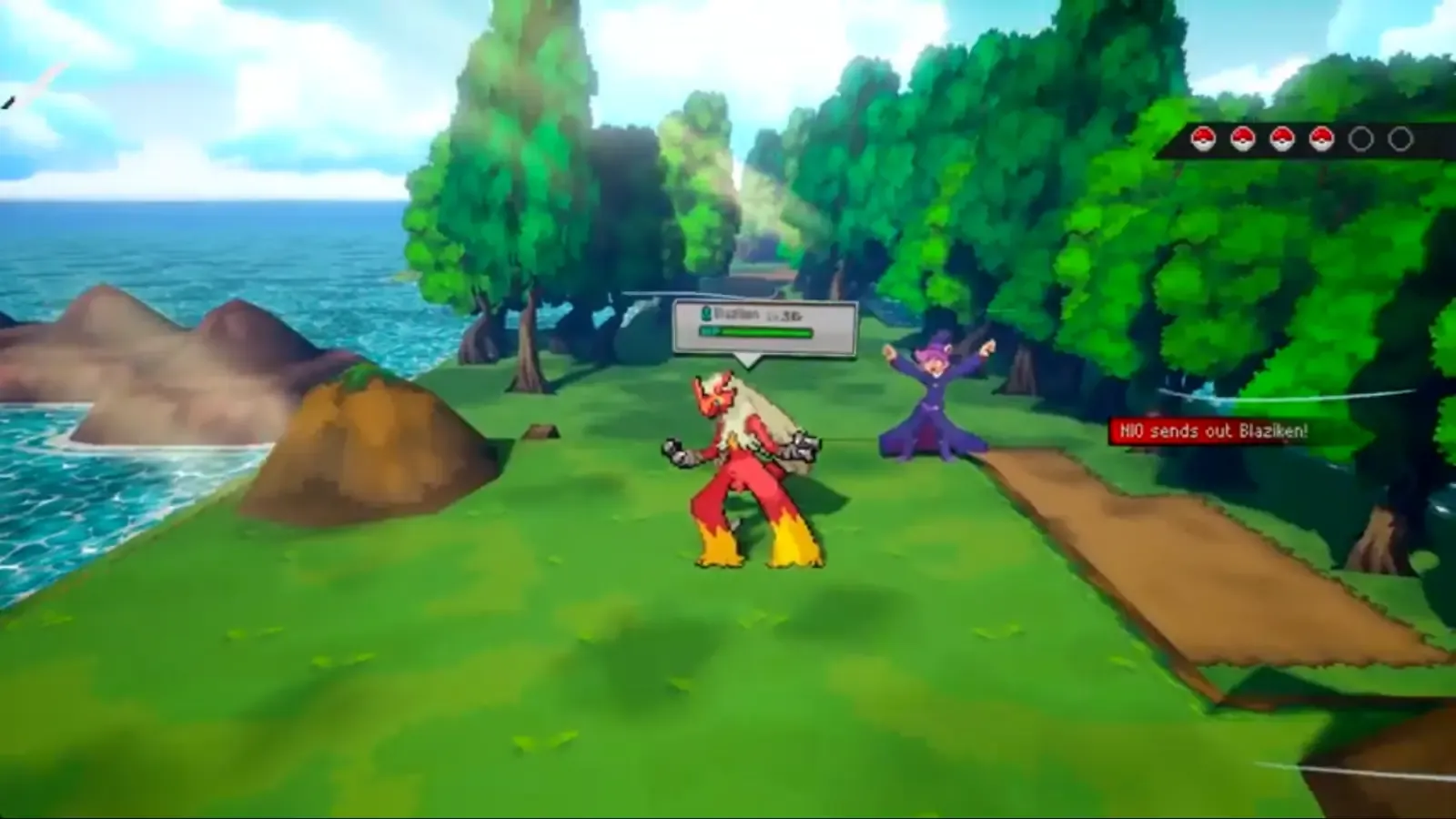 Eon Guardian Mio sending out a level 36 Blaziken on Route 103