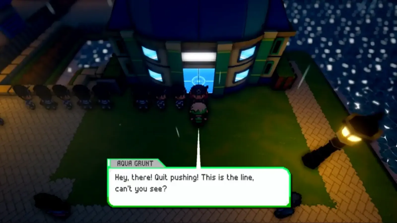 Team Aqua Grunts queued outside the Oceanic Museum in Slateport City
