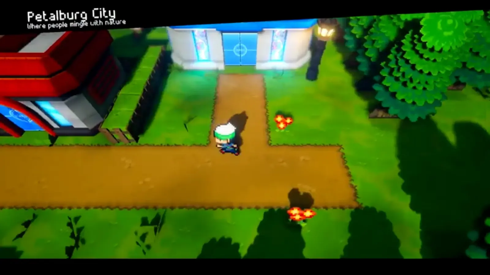 Player arriving beside the Pokemon Center at the eastern entrance to Petalburg City