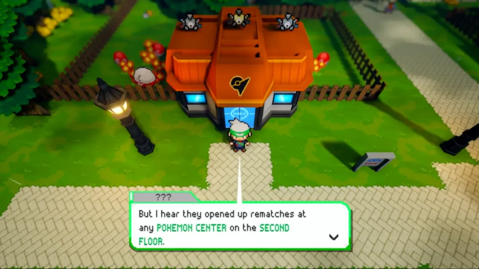 NPC explaining that rematches are available on the second floor of Pokemon Centers