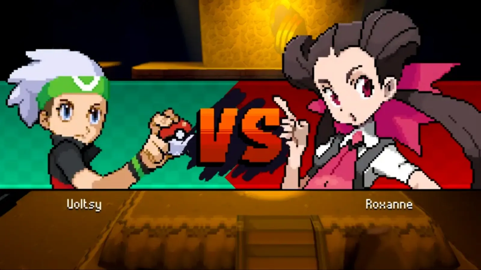 Player facing Roxanne at the start of the Rustboro Gym battle