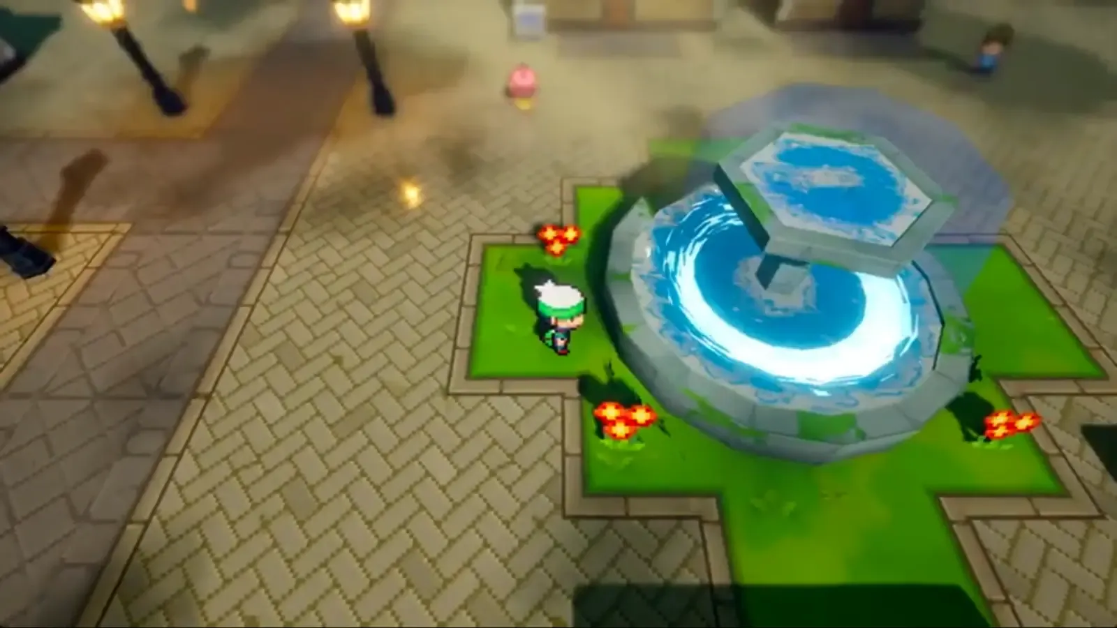Player beside the large stone fountain in the center of Rustboro City