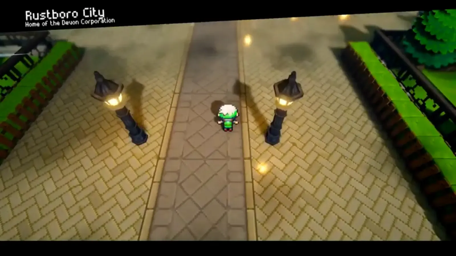 Player arriving at the stone-paved entrance to Rustboro City
