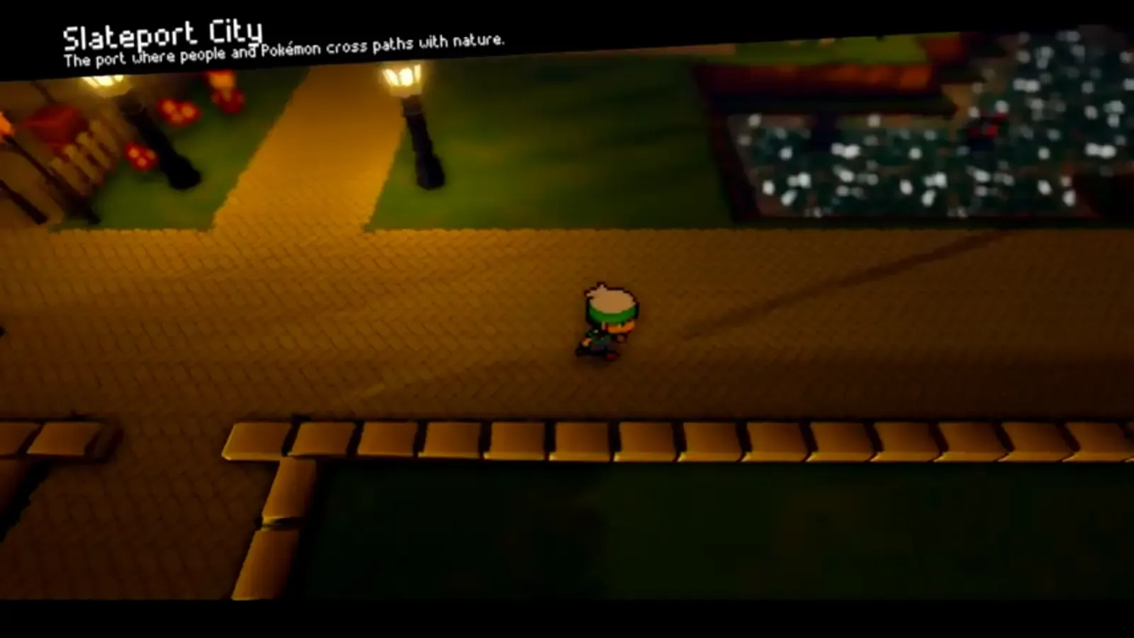 Player entering Slateport City beside the outdoor market stalls as the city name appears