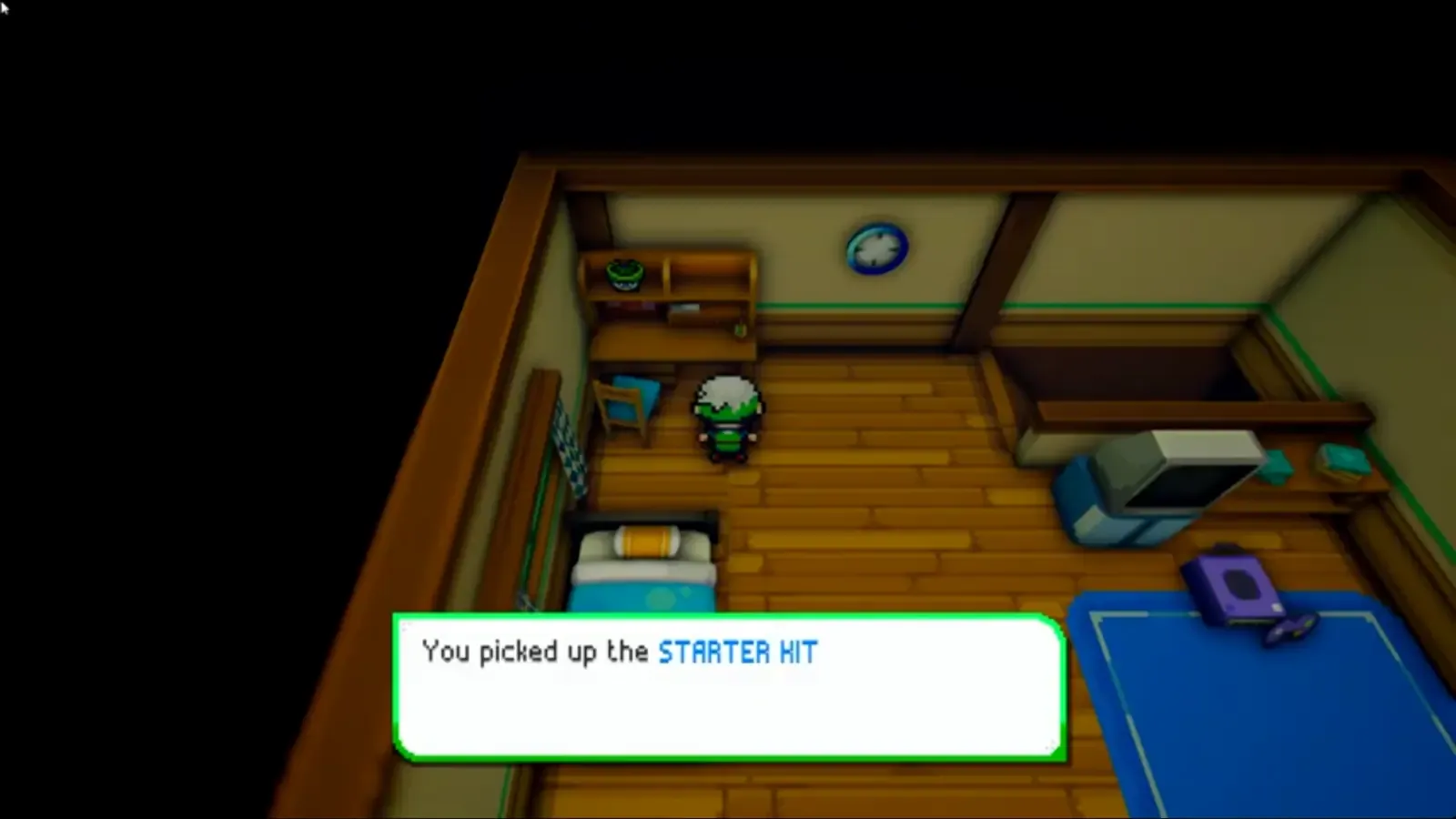 Player collecting the Starter Kit from the shelf in their Littleroot Town bedroom