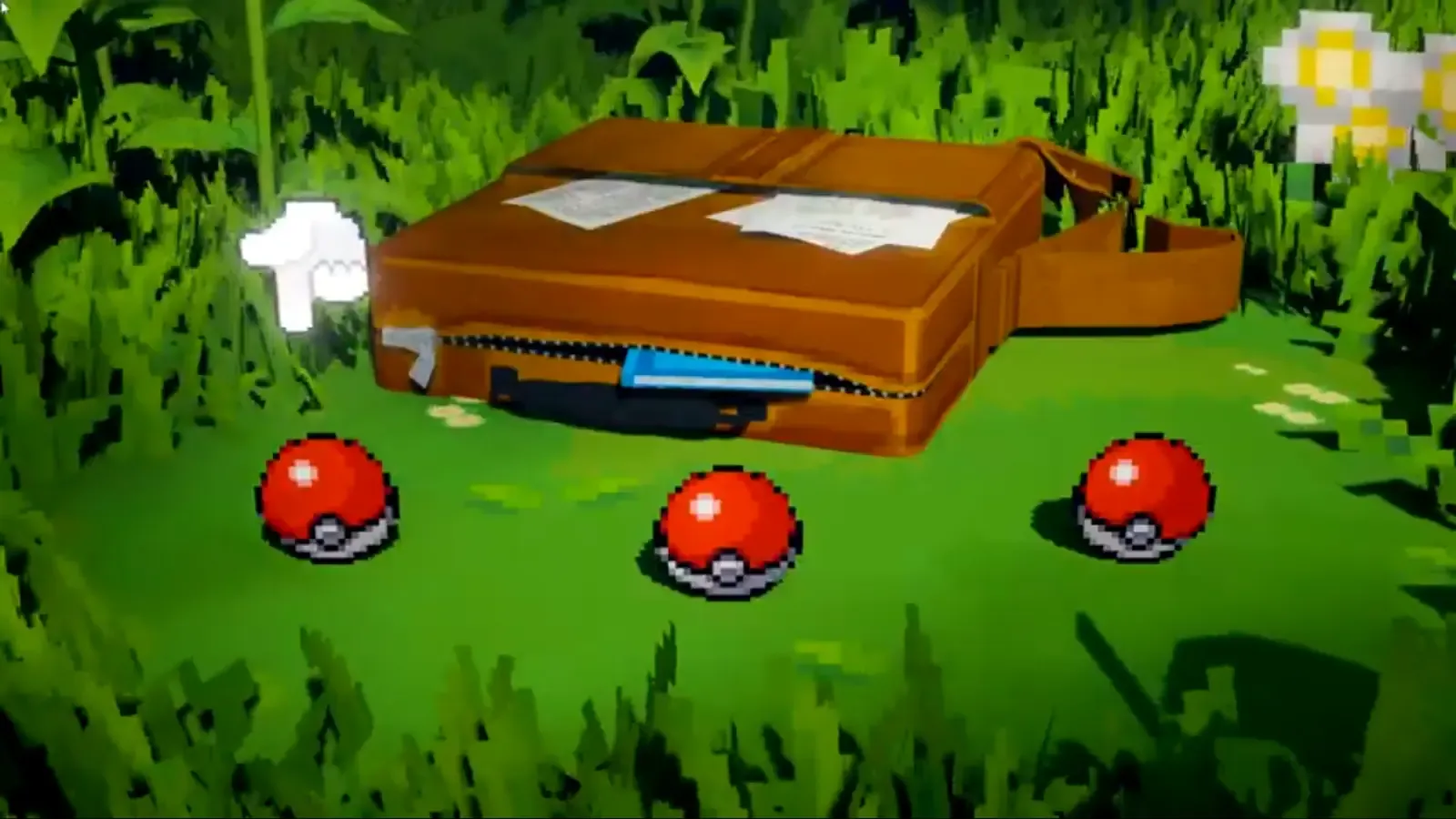 Treecko, Torchic and Mudkip Poke Balls beside Professor Birch’s bag on Route 101