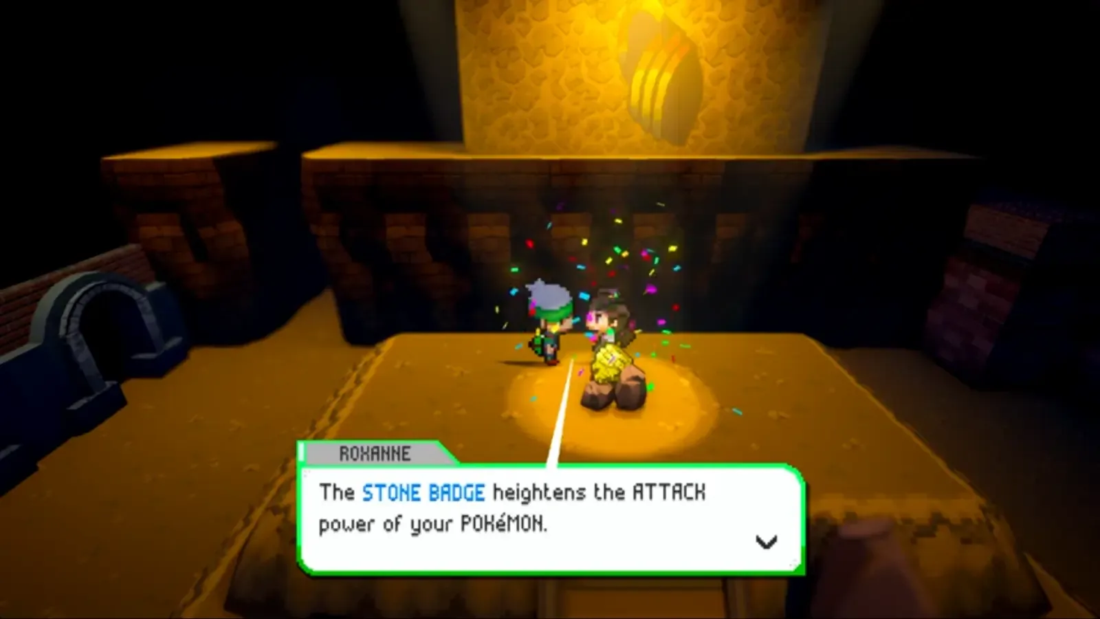 Roxanne awarding the Stone Badge after the Rustboro Gym battle