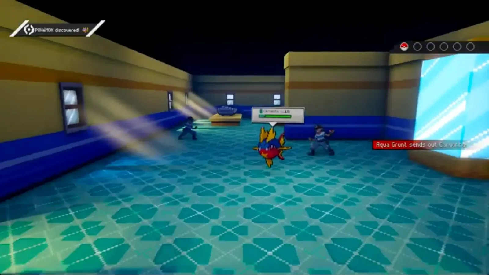 Pokemon battle against a Team Aqua Grunt inside the Oceanic Museum