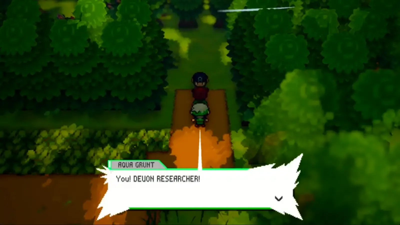 Team Aqua Grunt confronting the Devon researcher in Petalburg Woods