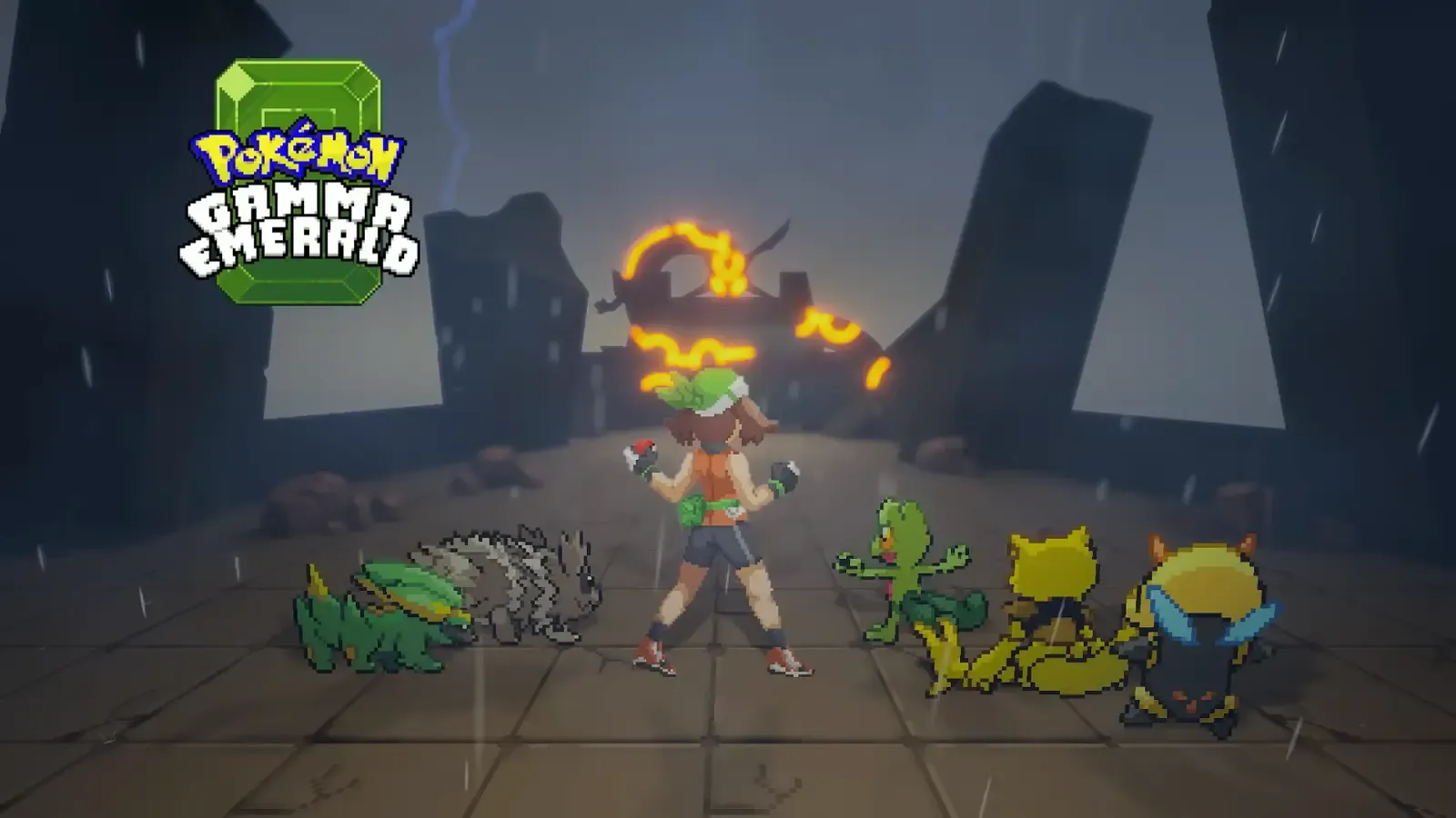 Pokemon Gamma Emerald title screen showing May facing Pokemon in a storm